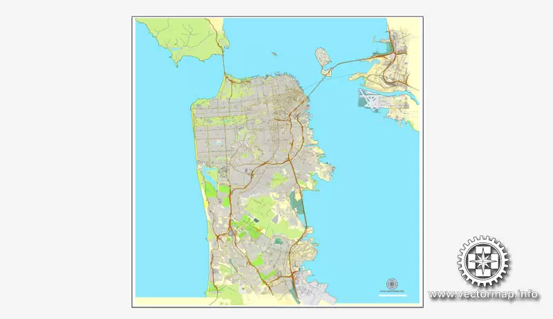 Map vector San Francisco, version 2, map, California, US, printable, vector street, City Plan map, full editable, Adobe Illustrator, full vector Map for design, print, arts, projects, presentations, for architects, designers and builders