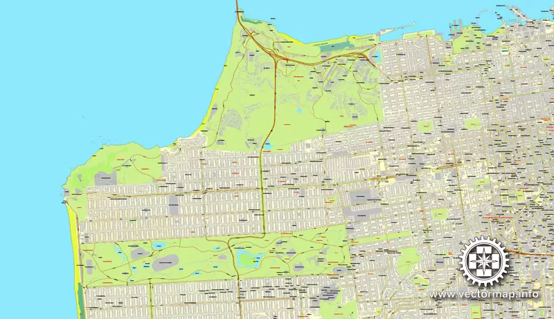 Map vector San Francisco, version 2, map, California, US, printable, vector street, City Plan map, full editable, Adobe Illustrator, full vector Map for design, print, arts, projects, presentations, for architects, designers and builders