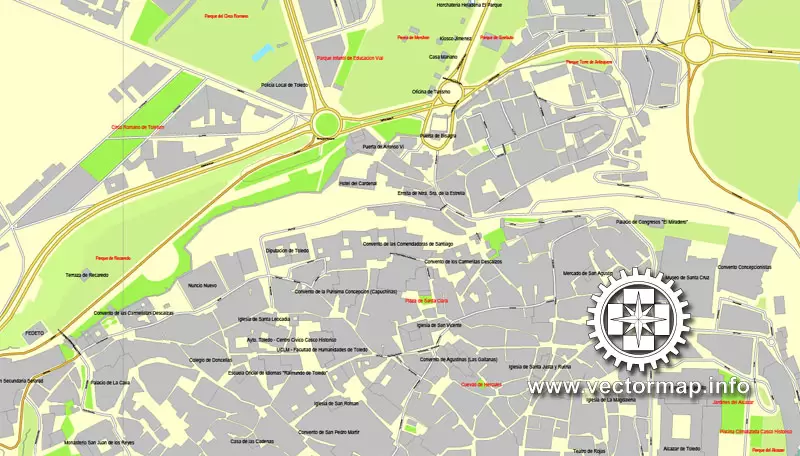Map vector Toledo, Spain, printable vector street City Plan map, full editable, Adobe illustrator Map for design, print, arts, projects, presentations, for architects, designers and builders