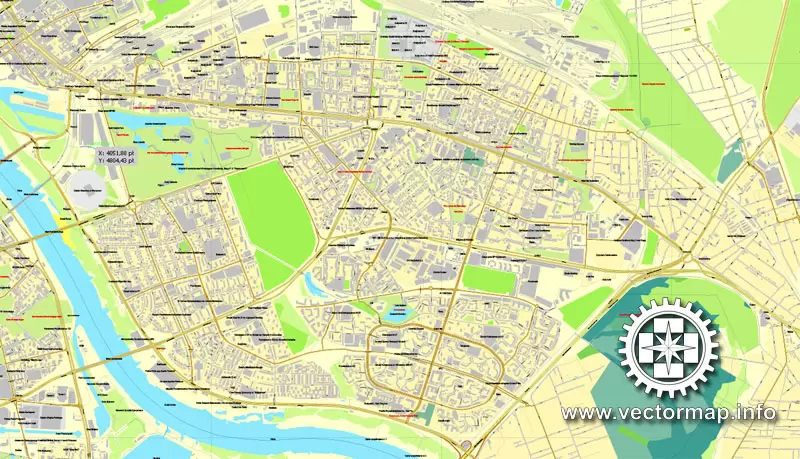 Warsaw, Poland, printable vector street City Plan map, full editable, Adobe PDF