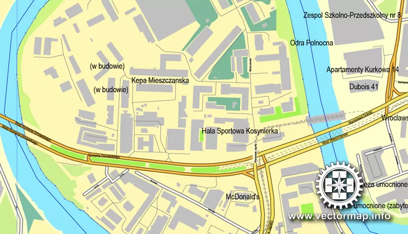 Wroclaw, Poland, printable vector street map, City Plan, full editable, Adobe Illustrator, Royalty free, full vector, scalable, editable, text format street names,