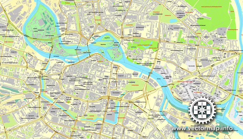 Wroclaw, Poland, printable vector street map, City Plan, full editable, Adobe Illustrator, Royalty free, full vector, scalable, editable, text format street names,