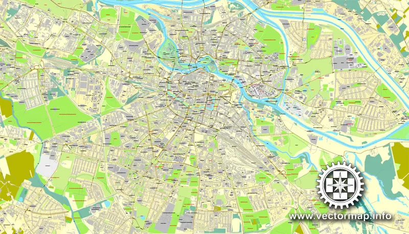 Wroclaw, Poland, printable vector street map, City Plan, full editable, Adobe PDF