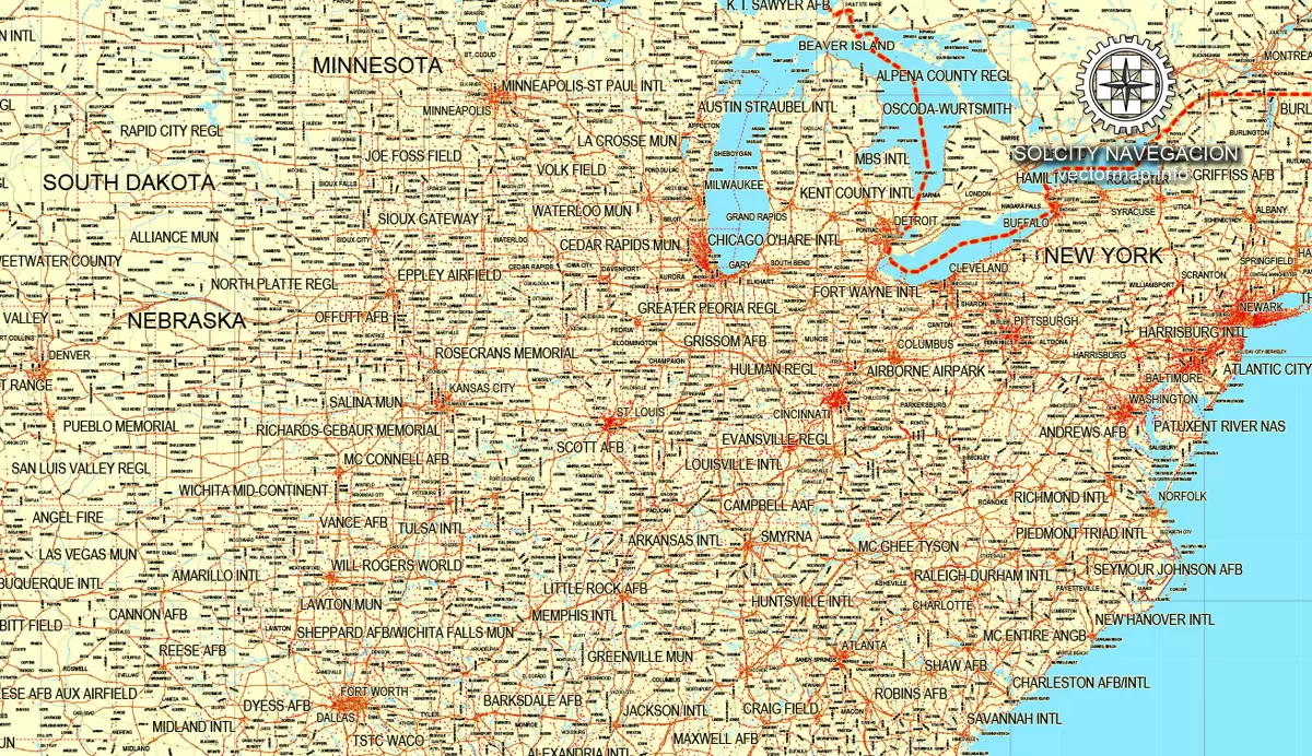 Map vector USA + Canada, printable vector Counrty Road map, GPS correct Mercator Projection, full editable, Adobe illustrator Map for design, print, arts, projects, presentations, for architects, designers and builders