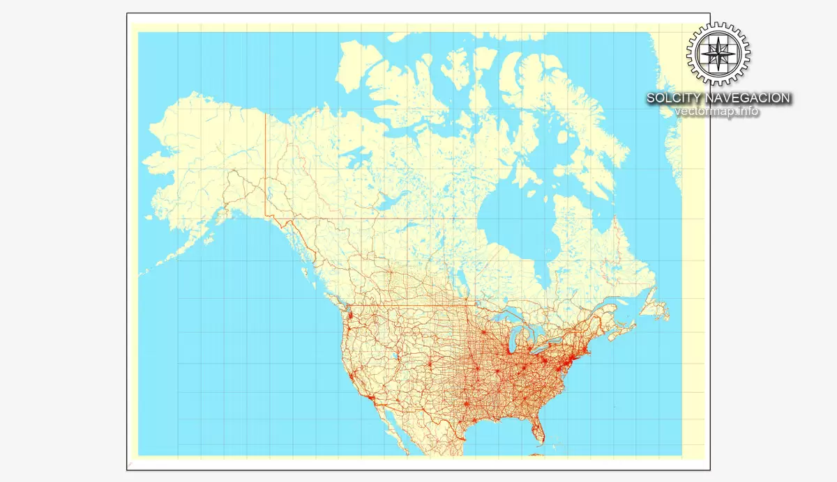 Map vector USA + Canada, printable vector Counrty Road map, GPS correct Mercator Projection, full editable, Adobe illustrator Map for design, print, arts, projects, presentations, for architects, designers and builders