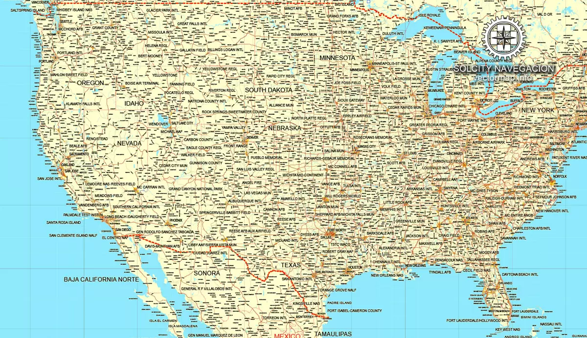 Map vector USA + Canada, printable vector Counrty Road map, GPS correct Mercator Projection, full editable, Adobe illustrator Map for design, print, arts, projects, presentations, for architects, designers and builders