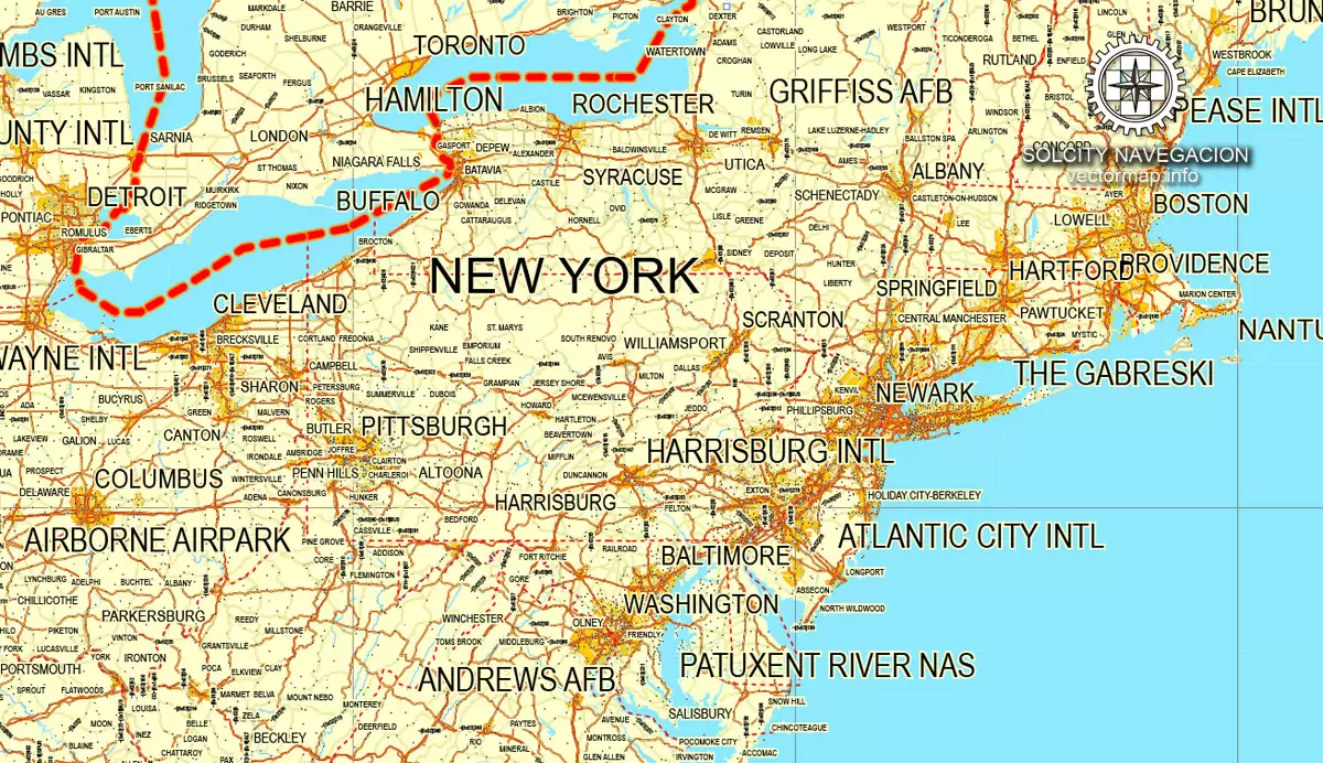Map vector USA + Canada, printable vector Counrty Road map, GPS correct Mercator Projection, full editable, Adobe illustrator Map for design, print, arts, projects, presentations, for architects, designers and builders