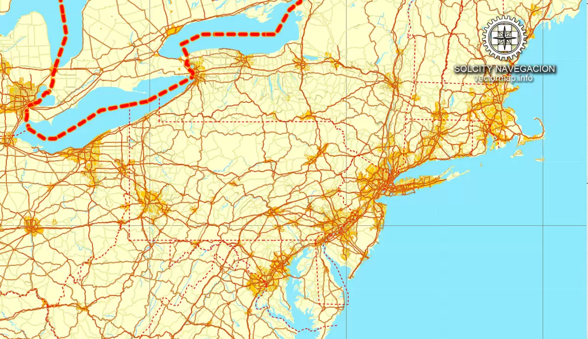 Map vector USA + Canada, printable vector Counrty Road map, GPS correct Mercator Projection, full editable, Adobe illustrator Map for design, print, arts, projects, presentations, for architects, designers and builders