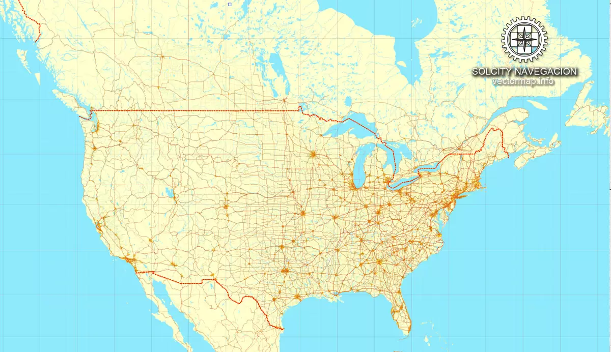Map vector USA + Canada, printable vector Counrty Road map, GPS correct Mercator Projection, full editable, Adobe illustrator Map for design, print, arts, projects, presentations, for architects, designers and builders