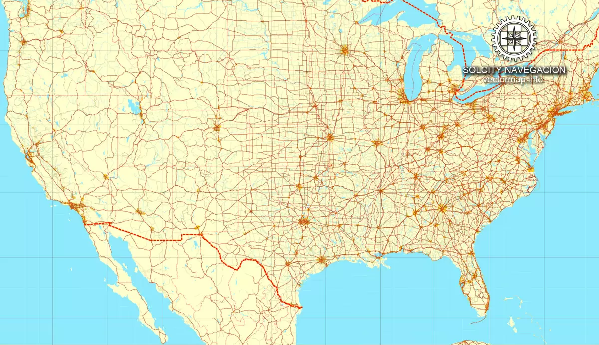 Map vector USA + Canada, printable vector Counrty Road map, GPS correct Mercator Projection, full editable, Adobe illustrator Map for design, print, arts, projects, presentations, for architects, designers and builders