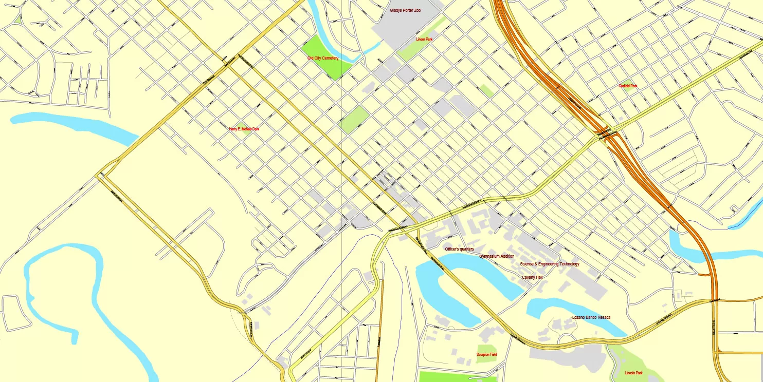 PDF map Brownsville, Texas, US, Matamoros, Mexico, printable vector street City Plan map, full editable, Adobe PDF, full vector, scalable, editable, text format street names, 7 mb ZIP