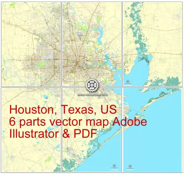Houston, Texas, US printable vector street City Plan map 6 parts, full editable, Adobe Illustrator