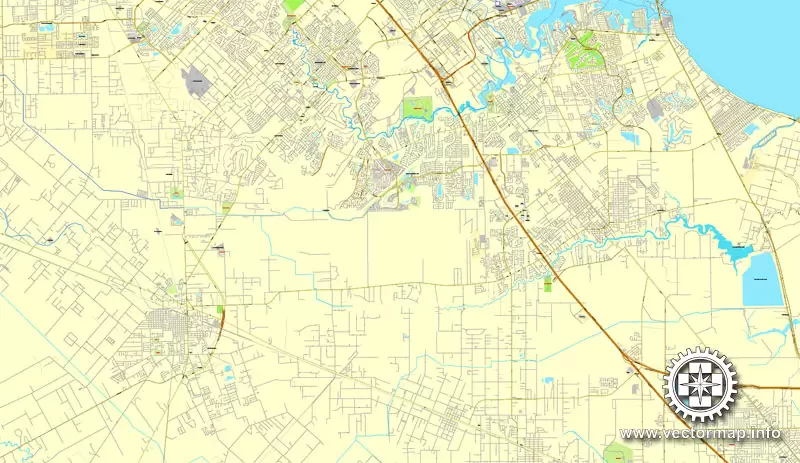 Houston, Texas, US printable vector street City Plan map 6 parts, full editable, Adobe Illustrator