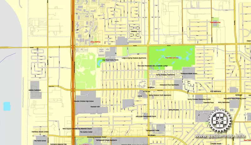 Houston, Texas, US printable vector street City Plan map 6 parts, full editable, Adobe Illustrator