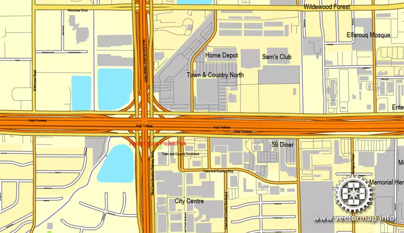 Houston, Texas, US printable vector street City Plan map 6 parts, full editable, Adobe Illustrator