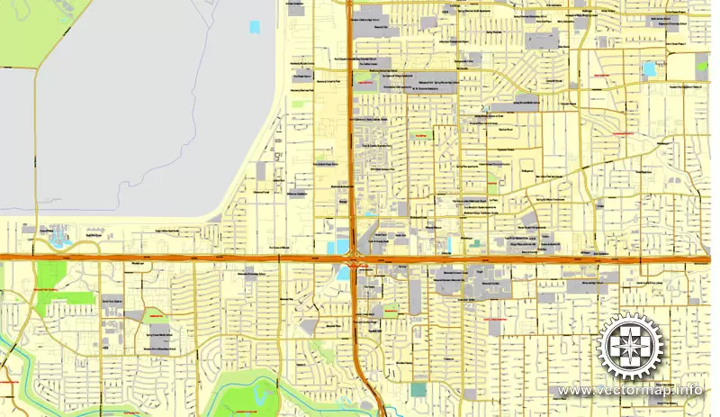 Houston, Texas, US printable vector street City Plan map 6 parts, full editable, Adobe Illustrator
