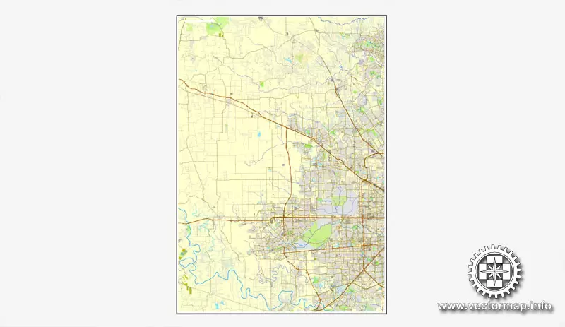 Houston, Texas, US printable vector street City Plan map 6 parts, full editable, Adobe Illustrator