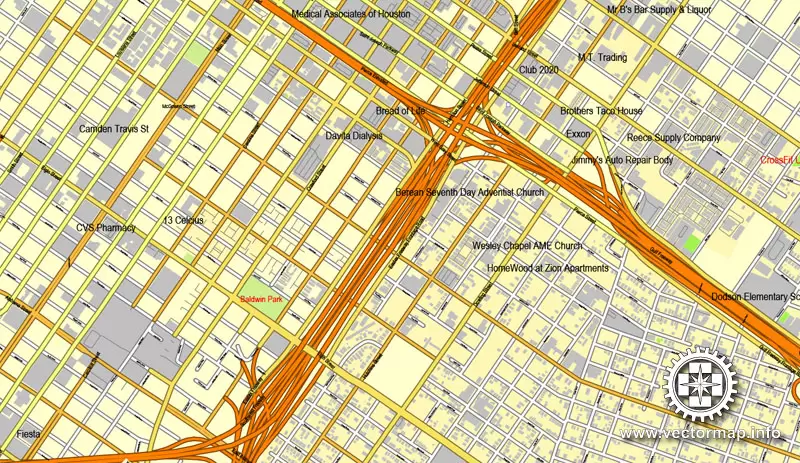 Houston, Texas, US printable vector street City Plan map 6 parts, full editable, Adobe Illustrator