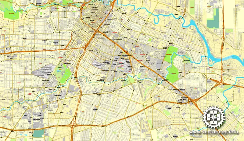 Houston, Texas, US printable vector street City Plan map 6 parts, full editable, Adobe Illustrator