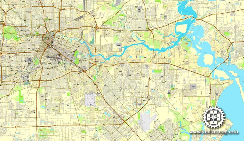 Houston, Texas, US printable vector street City Plan map 6 parts, full editable, Adobe Illustrator