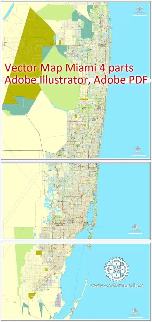 Vector map Miami, Florida, US printable vector street City Plan map 4 parts, full editable, Adobe Illustrator, full vector, scalable, editable, text format street names