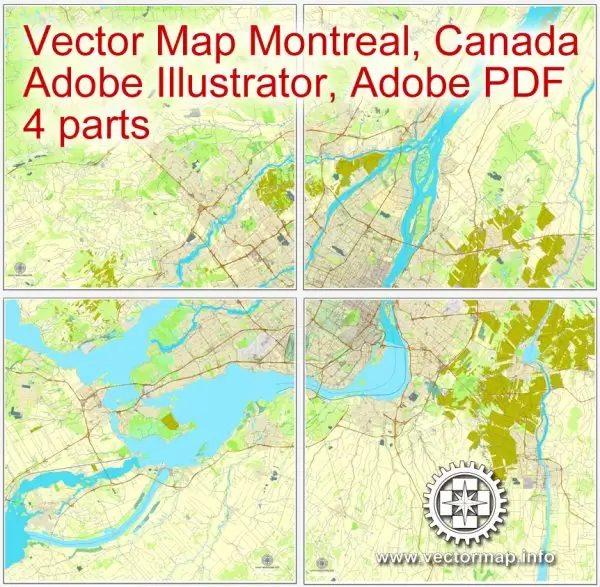 Vector map Montreal, Canada, printable vector street City Plan map, full editable, Adobe Illustrator 4 parts map, full vector, scalable, editable text format street names