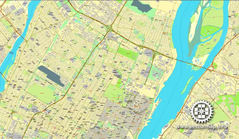 Vector map Montreal, Canada, printable vector street City Plan map, full editable, Adobe Illustrator 4 parts map, full vector, scalable, editable text format street names