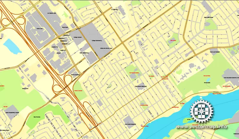 Vector map Montreal, Canada, printable vector street City Plan map, full editable, Adobe Illustrator 4 parts map, full vector, scalable, editable text format street names