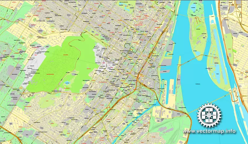 Vector map Montreal, Canada, printable vector street City Plan map, full editable, Adobe Illustrator 4 parts map, full vector, scalable, editable text format street names