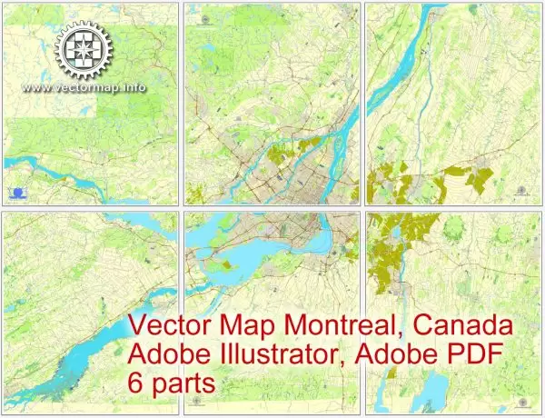 Vector map Montreal and surroundings, Canada, printable vector street City Plan map, full editable, Adobe Illustrator 6 parts map, full vector, scalable, editable text format street names
