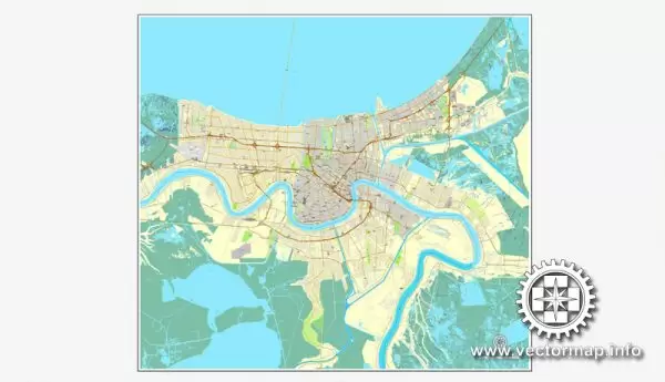 Vector map New Orleans, Louisiana, US, vector map V.2 Adobe Illustrator editable City Plan, full vector, scalable, editable, text format street names