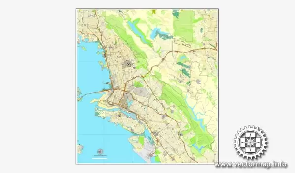Vector map Oakland + Berkeley map V2, California, US printable vector street City Plan map, full editable, Adobe Illustrator