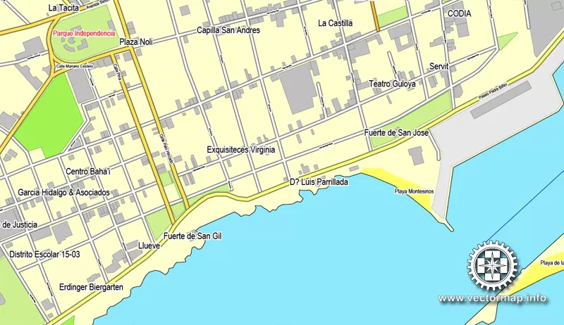 Imprimible calle de vectores mapa de Plan de la Ciudad Santo Domingo, Rep. Dominicana,, completos, Adobe Illustrator, vector completo, escalables y editables, nombres de calles de formato de texto editable