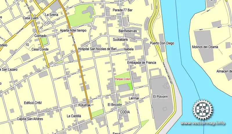 Imprimible calle de vectores mapa de Plan de la Ciudad Santo Domingo, Rep. Dominicana,, completos, Adobe Illustrator, vector completo, escalables y editables, nombres de calles de formato de texto editable