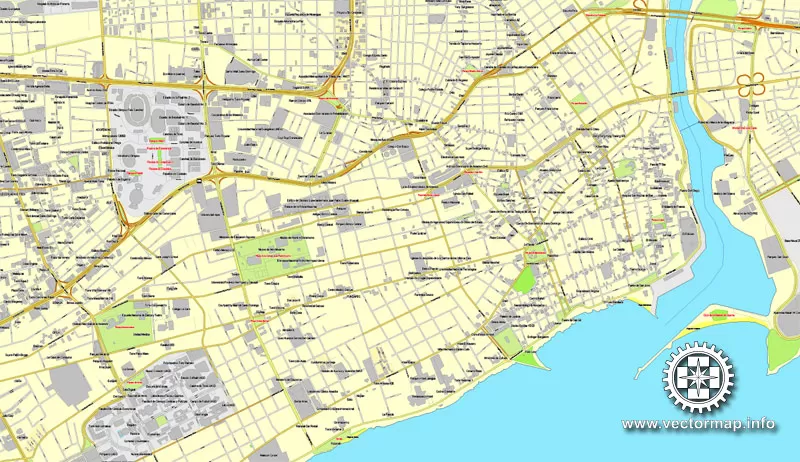 Imprimible calle de vectores mapa de Plan de la Ciudad Santo Domingo, Rep. Dominicana,, completos, Adobe Illustrator, vector completo, escalables y editables, nombres de calles de formato de texto editable