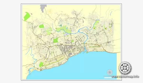 Imprimible calle de vectores mapa de Plan de la Ciudad Santo Domingo, Rep. Dominicana,, completos, Adobe Illustrator, vector completo, escalables y editables, nombres de calles de formato de texto editable