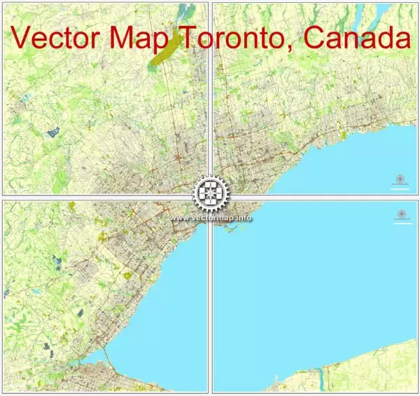 Vector map Toronto, Canada, printable vector street City Plan map 4 parts, full editable, Adobe Illustrator