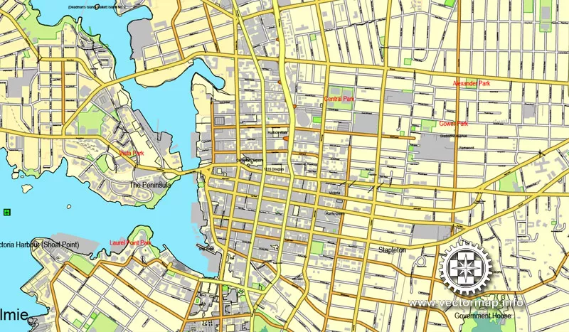 Vector Map Victoria V.2: Printable City Plan Map of Victoria, Canada, Adobe Illustrator, full vector, scalable, editable, separated text layer street names, 29,2 mb ZIP All streets, some more buildings. Map for design, printing, arts, projects, presentations.