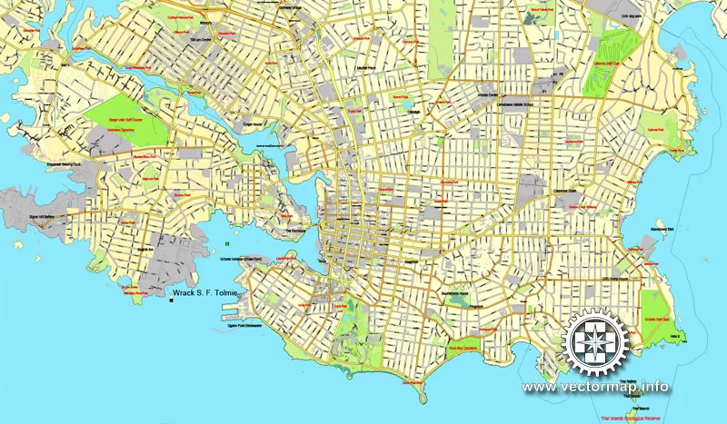 Vector Map Victoria V.2: Printable City Plan Map of Victoria, Canada, Adobe Illustrator, full vector, scalable, editable, separated text layer street names, 29,2 mb ZIP All streets, some more buildings. Map for design, printing, arts, projects, presentations.