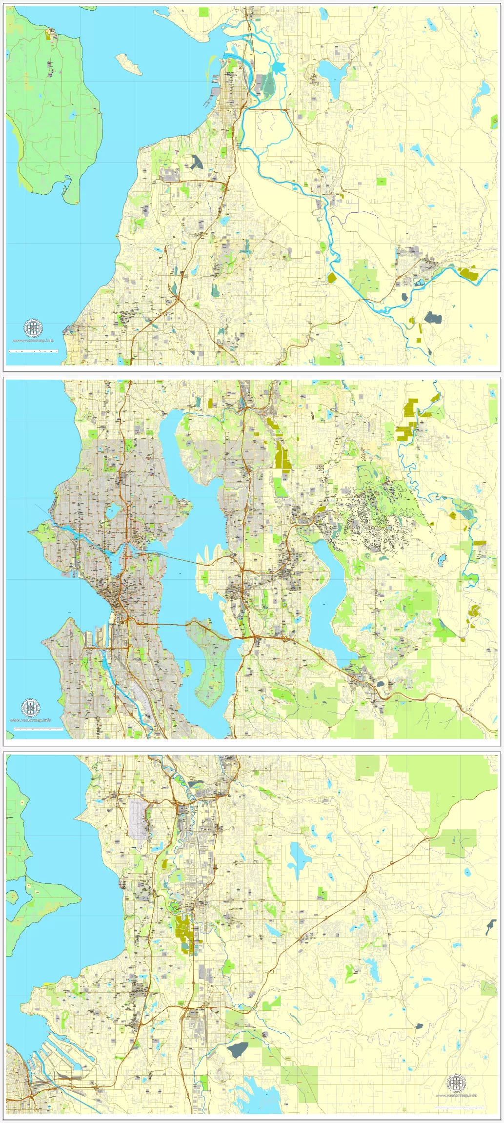 Seattle Map Vector Washington US printable City Plan 3 parts V2 full editable Street Map Adobe Illustrator