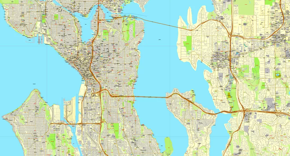 Seattle Map Vector Washington US printable City Plan 3 parts V2 full editable Street Map Adobe Illustrator