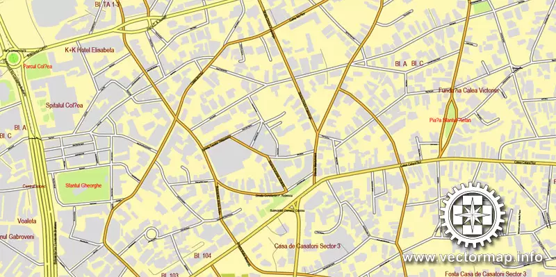 Vector map Bucharest, Romania, printable vector street City Plan map, full editable, Adobe Illustrator, full vector, scalable, editable, text format street names, 26,8 mb ZIP