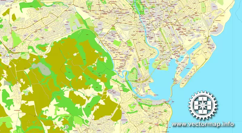 Cardiff + Newport, Wales, UK, printable vector City Plan map, full editable, Adobe PDF