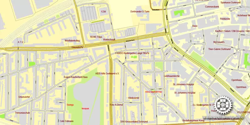 Vector Map Dortmund, Germany, printable vector map, full editable, Adobe Illustrator, City Plan Map, full vector, scalable, editable, text format street names, 34,3 mb ZIP