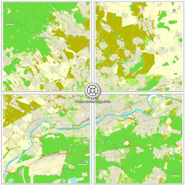 Vector map Frankfurt am Main, Germany, printable vector street City Plan map in 4 parts, full editable, Adobe Illustrator, full vector, scalable, editable, text format street names, 29,4 mb ZIP
