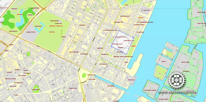 Vector map Copenhagen / København, Denmark, printable vector street City Plan map V.2, full editable, Adobe Illustrator