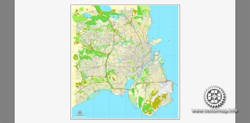 Vector map Copenhagen / København, Denmark, printable vector street City Plan map V.2, full editable, Adobe Illustrator