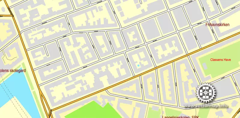 Vector map Copenhagen / København, Denmark, printable vector street City Plan map V.2, full editable, Adobe Illustrator