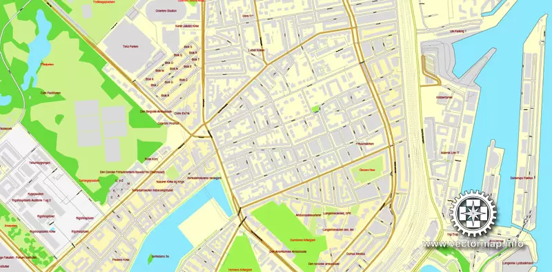 Vector map Copenhagen / København, Denmark, printable vector street City Plan map V.2, full editable, Adobe Illustrator