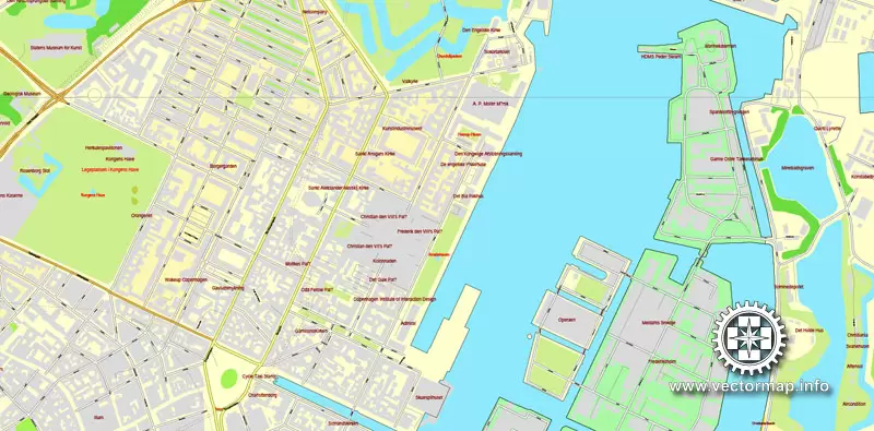 Vector map Copenhagen / København, Denmark, printable vector street City Plan map V.2, full editable, Adobe Illustrator